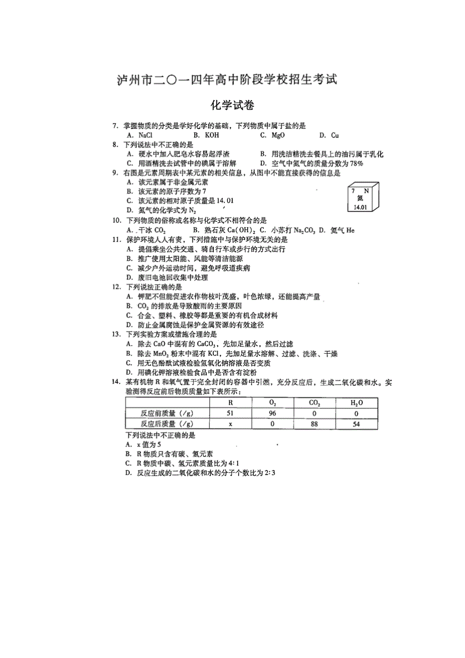 四川省泸州市2014年中考理综（化学部分）试题（word版含答案）.doc_第1页