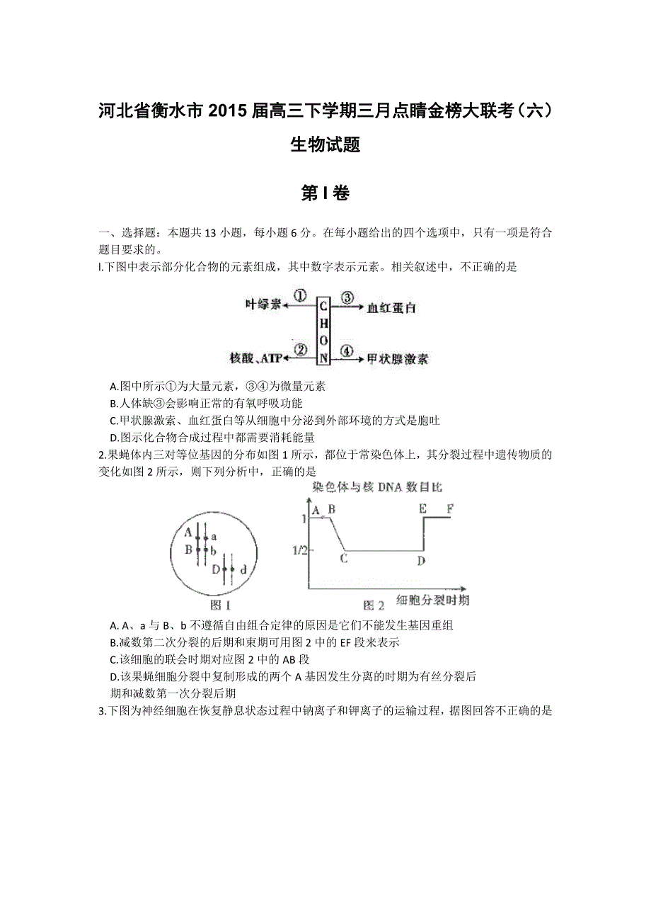 河北省衡水市2015届高三下学期三月点睛金榜大联考（六）生物试题.doc_第1页