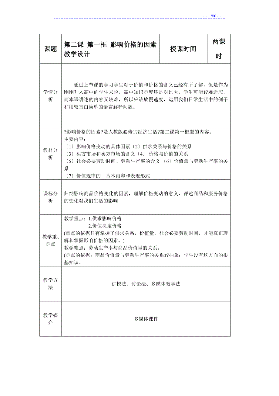 高一教学案《影响价格的因素》教学设计_第1页