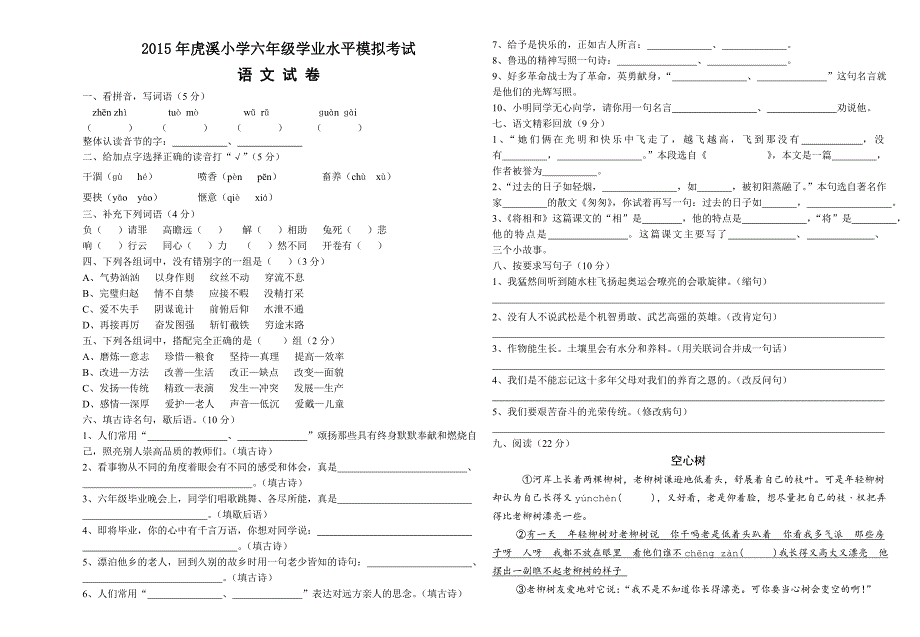 虎溪小学语文学业水平模拟试卷及答案.doc_第1页