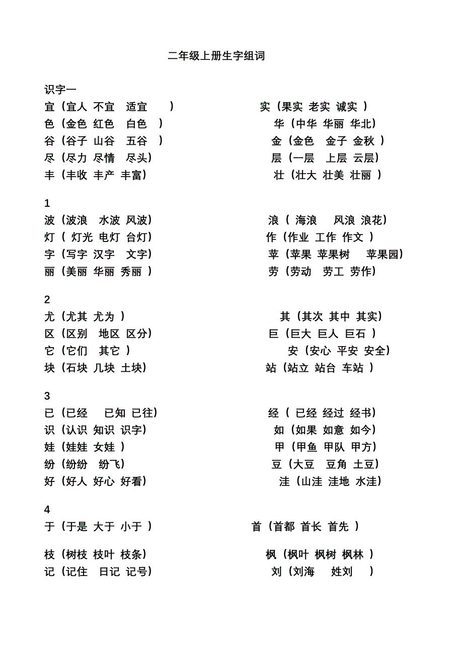 二年级上册生字组词(期中考试前)_第1页