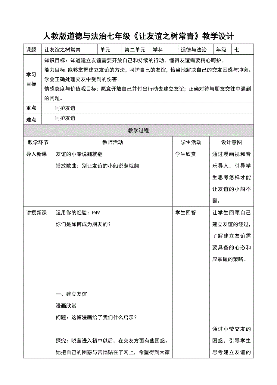 部编人教版道德与法治七年级上册5.1让友谊之树常青教学设计.doc_第1页