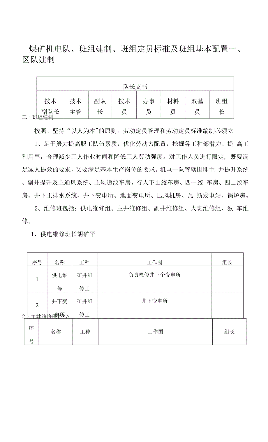 煤矿机电队、班组建制、班组定员标准及班组基本配置.docx_第1页