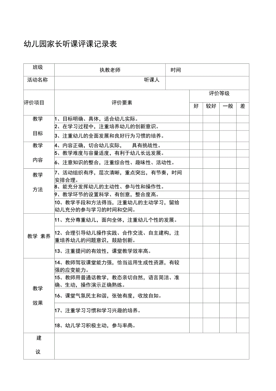 幼儿园家长听课评课记录表_第1页