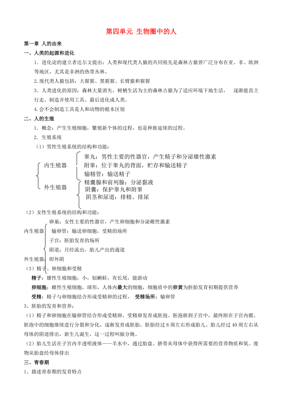 精选类202x七年级生物下册第四单元生物圈中的人知识点总结新版新人教版_第1页