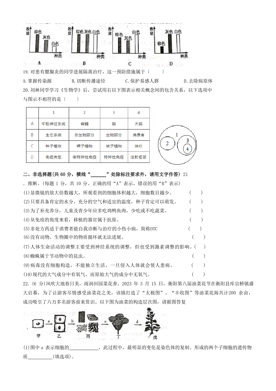 2023年湖南省衡阳市中考生物试卷(含答案)_第3页