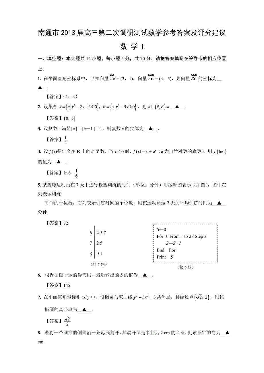 南通市2013届高三第二次调研测试数学试卷.doc_第1页