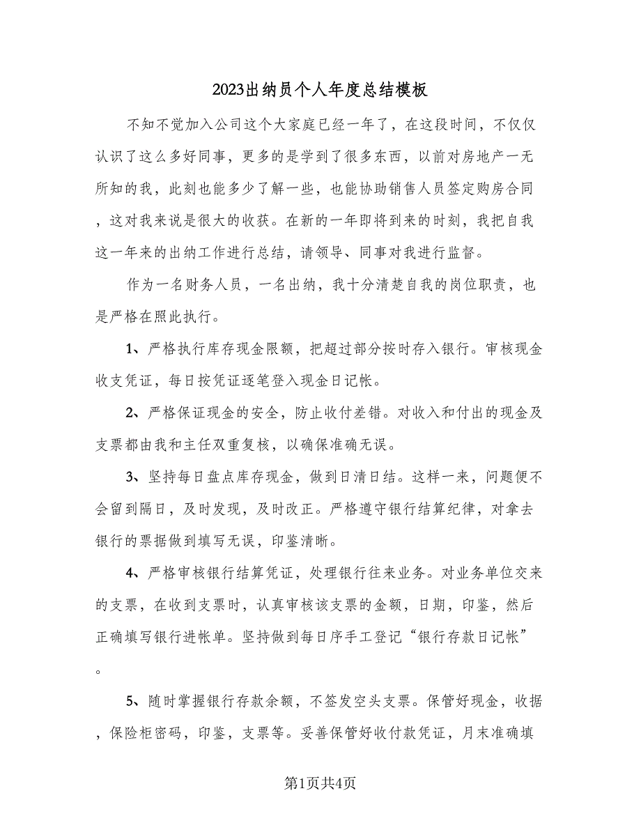 2023出纳员个人年度总结模板（二篇）_第1页