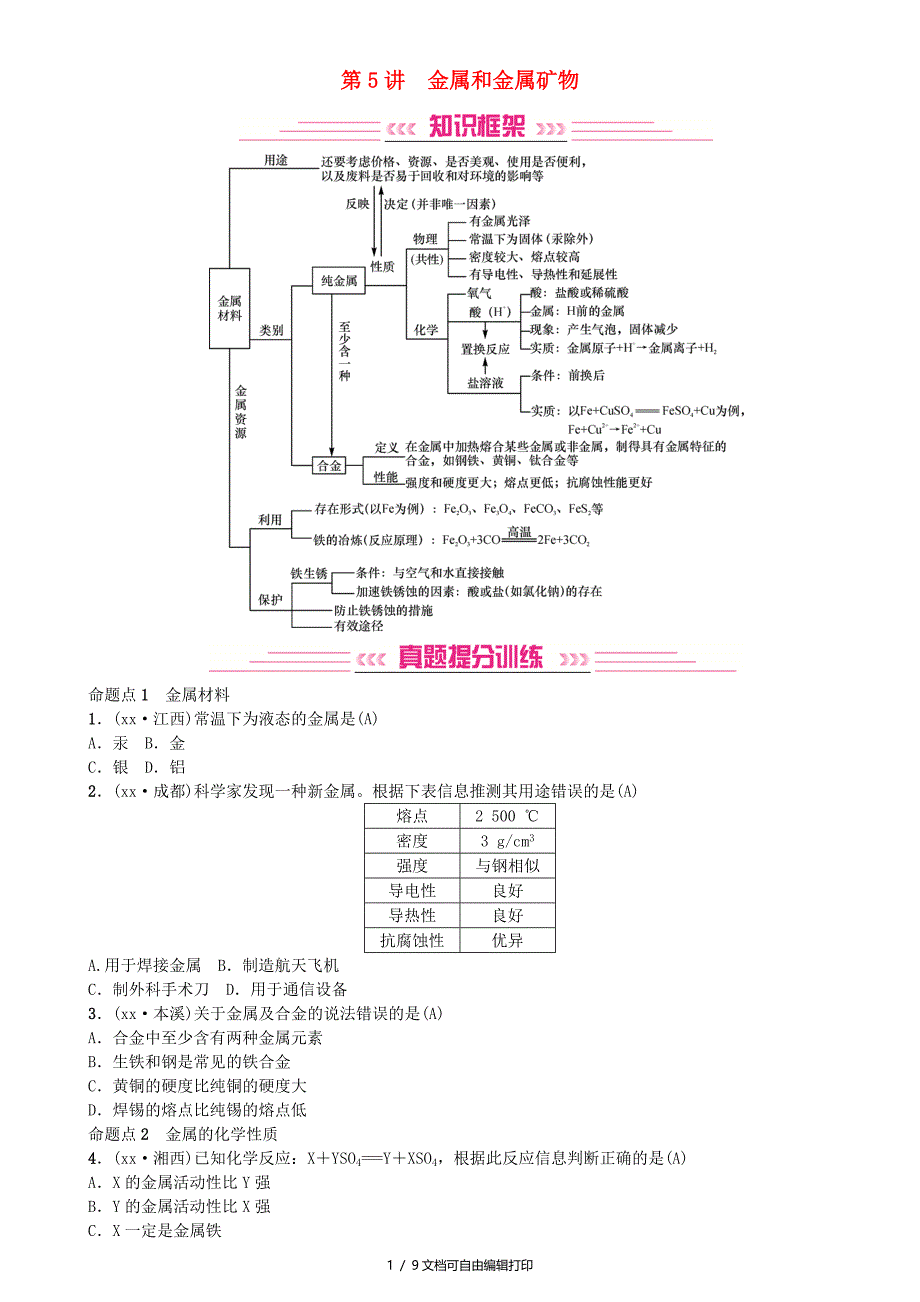 中考化学复习主题一身边的化学物质第5讲金属和金属矿物专题练习_第1页