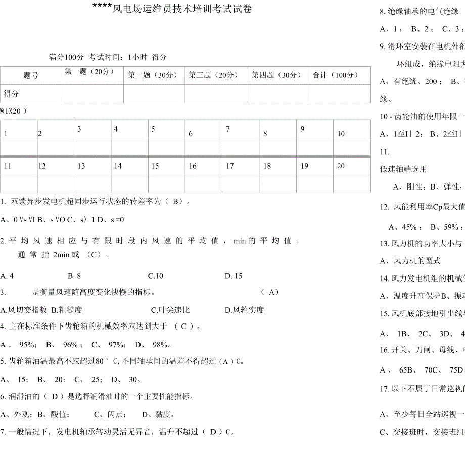 风电场运维人员技术培训考试试卷_第1页