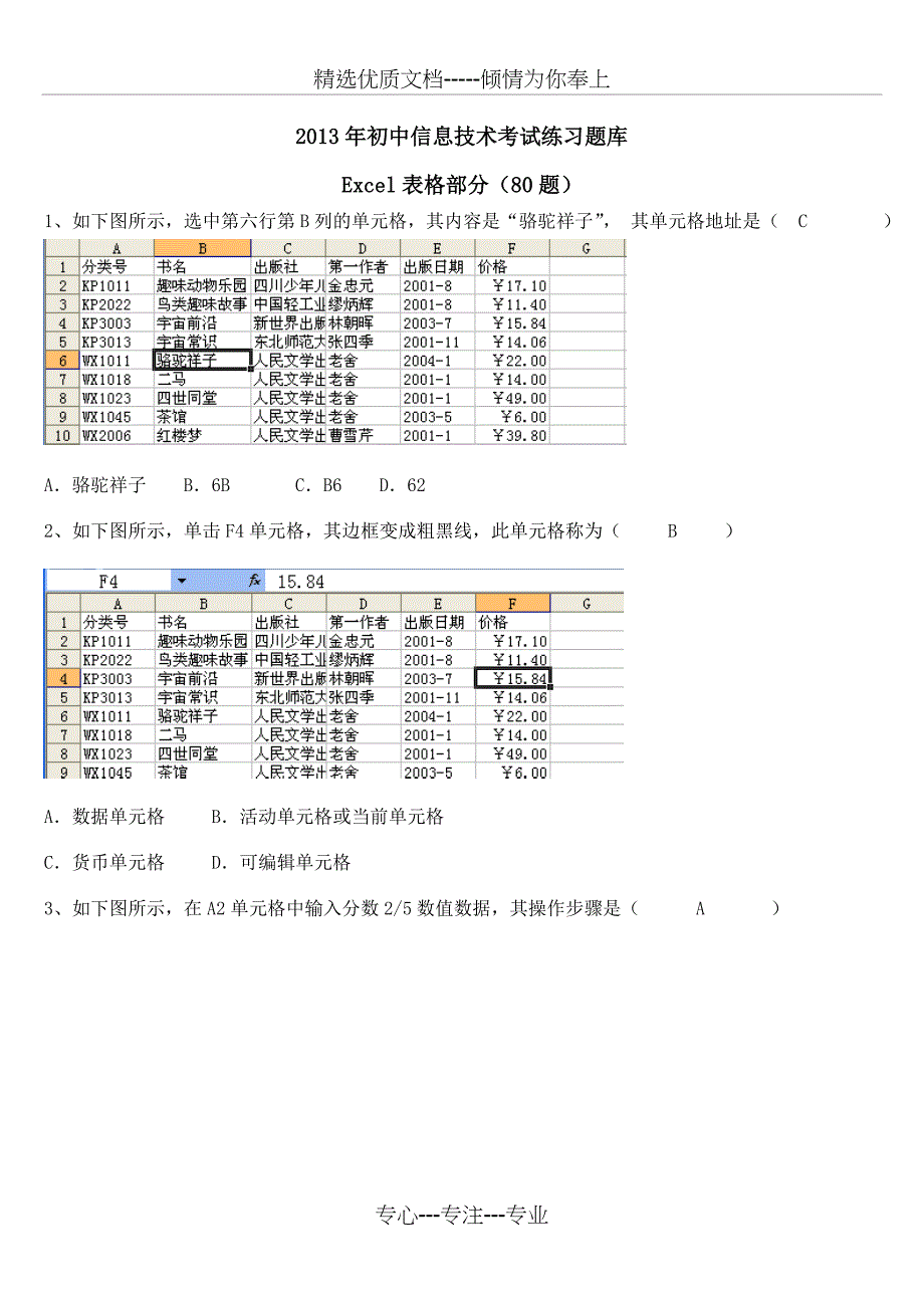 2013年初中信息技术考试练习题库Excel部分答案_第1页