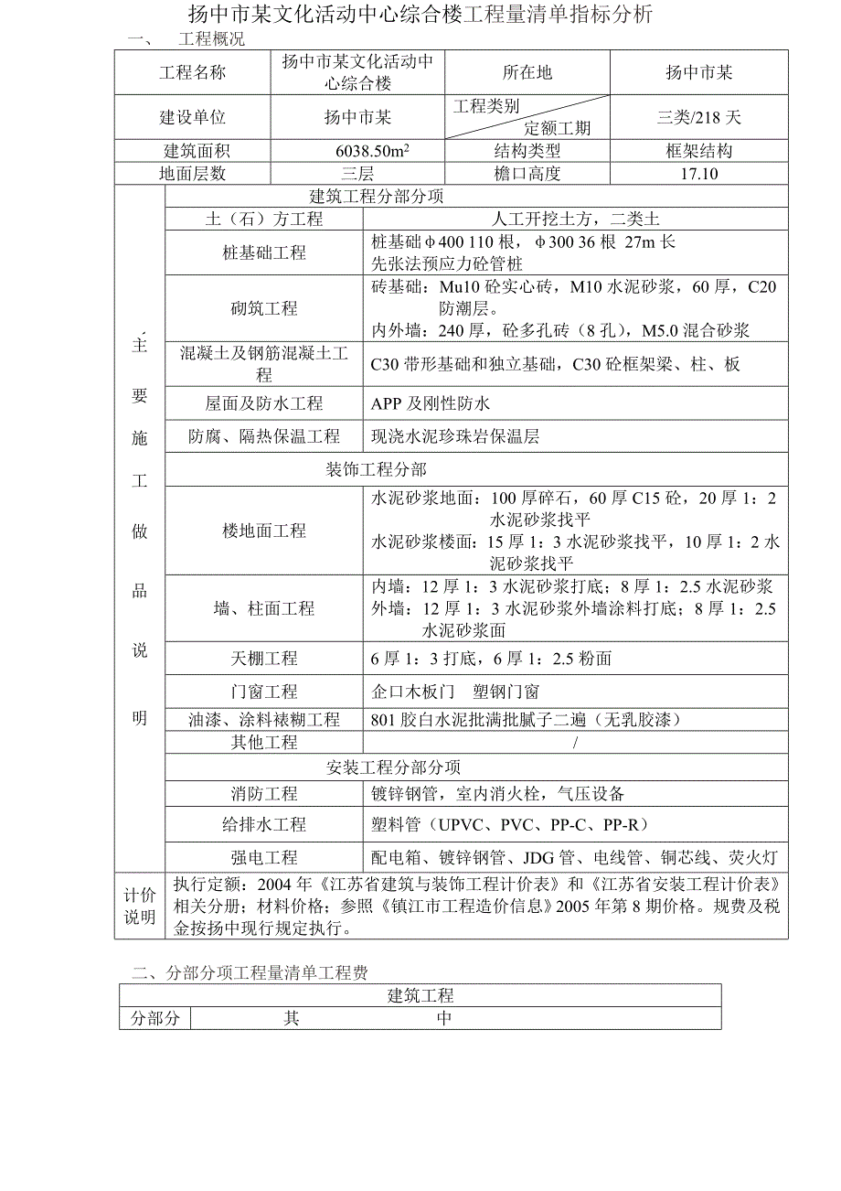 扬中市某文化活动中心综合楼工程量清单指标分析.doc_第1页