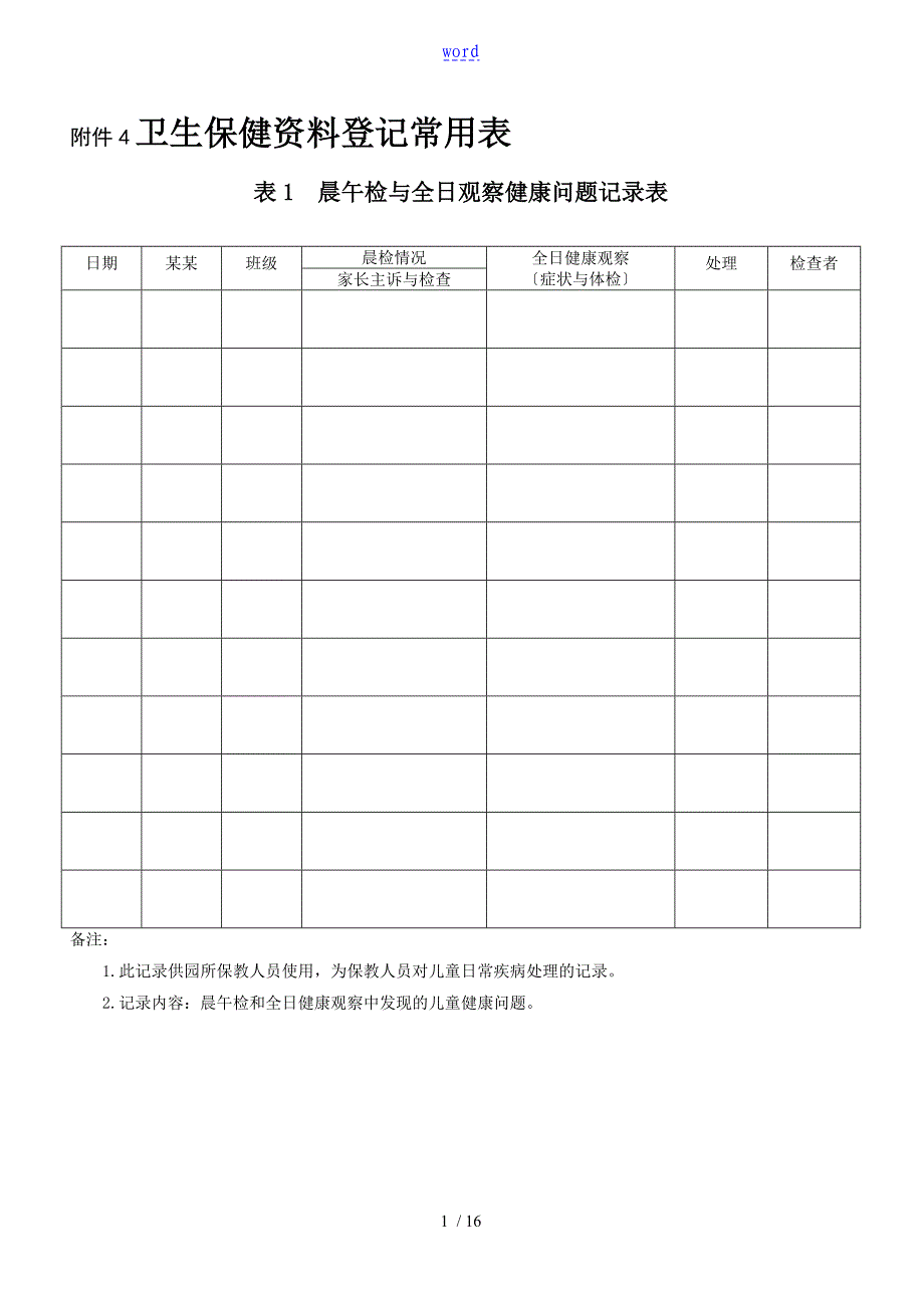 托儿所幼儿园教育卫生保健工作要求规范表格_第1页