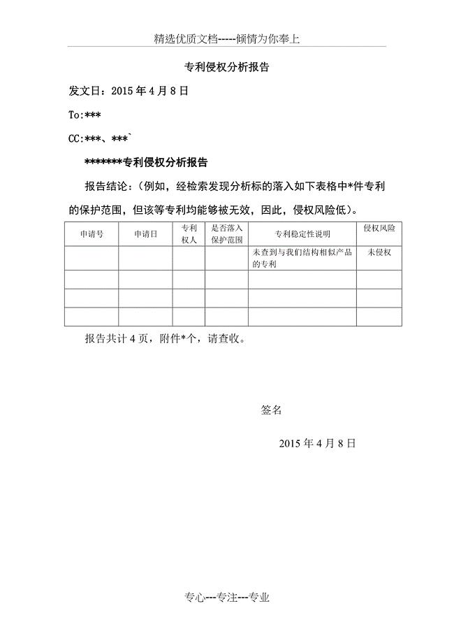 专利侵权分析报告参考模板2015(共4页)