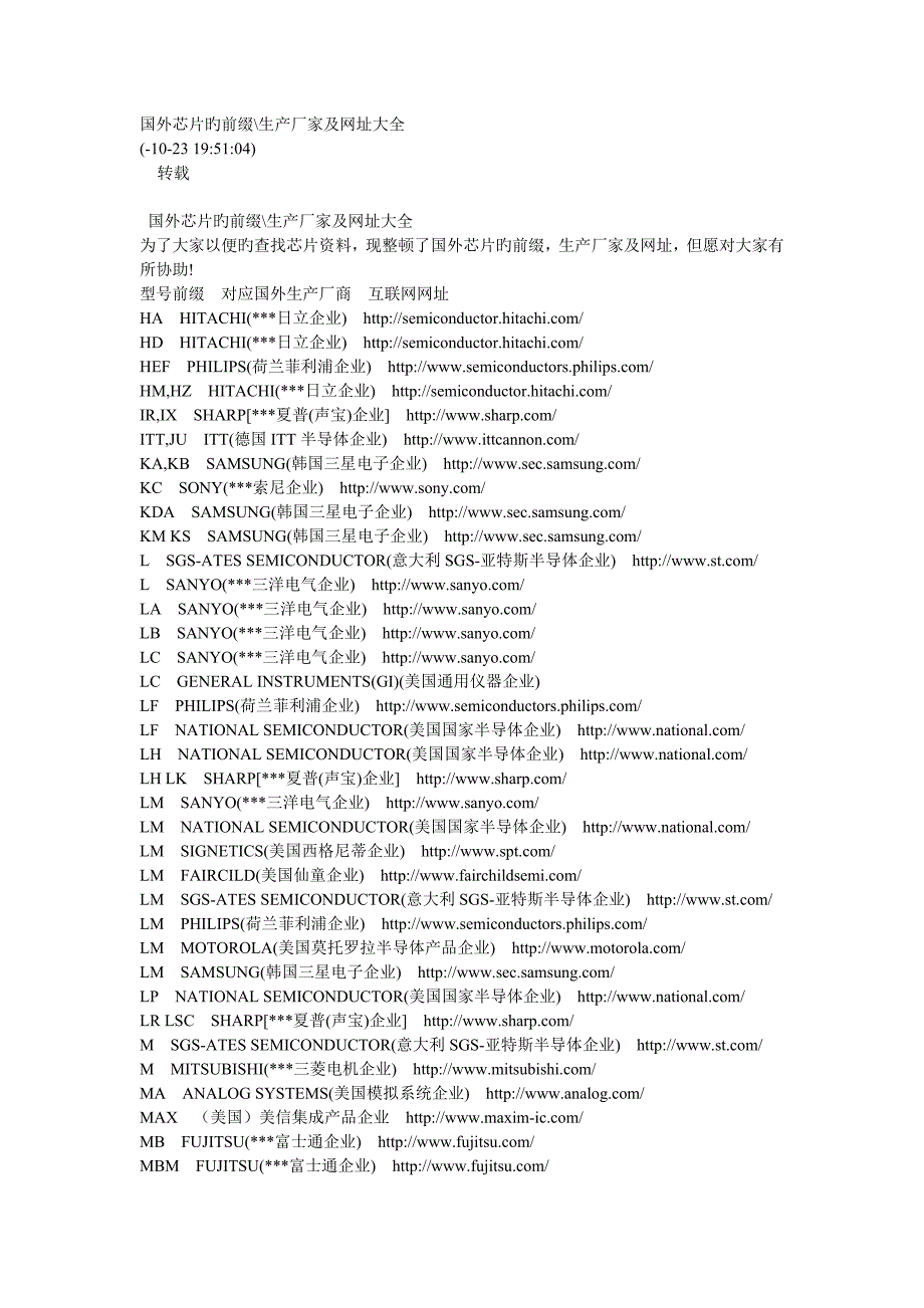 国外芯片的前缀生产厂家及网址大全_第1页