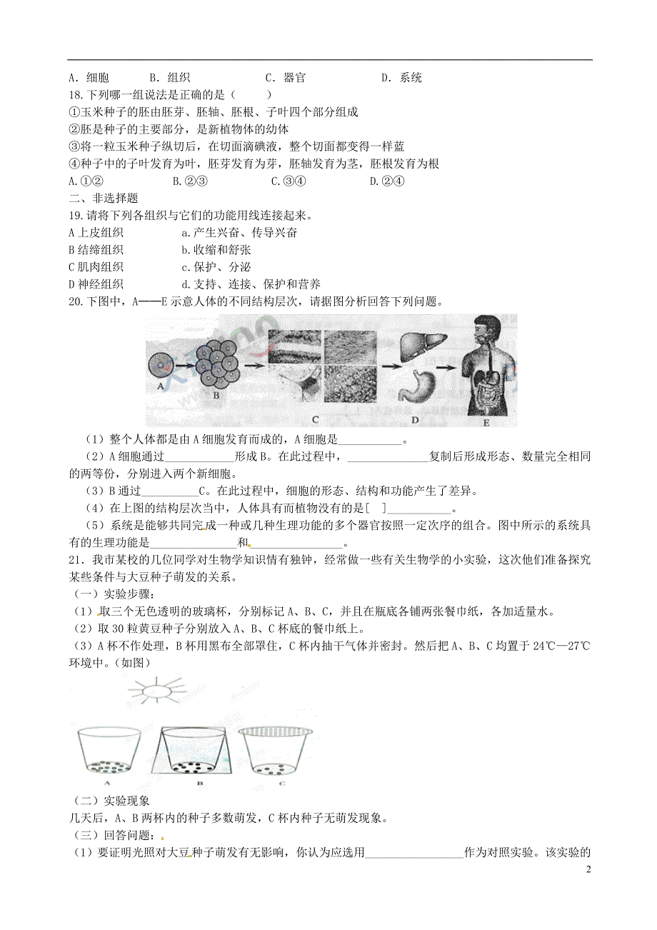 内蒙古鄂尔多斯市杭锦旗城镇中学七年级生物上册《细胞怎样构成生物体与生物圈中的绿色植物》测试题.doc_第2页