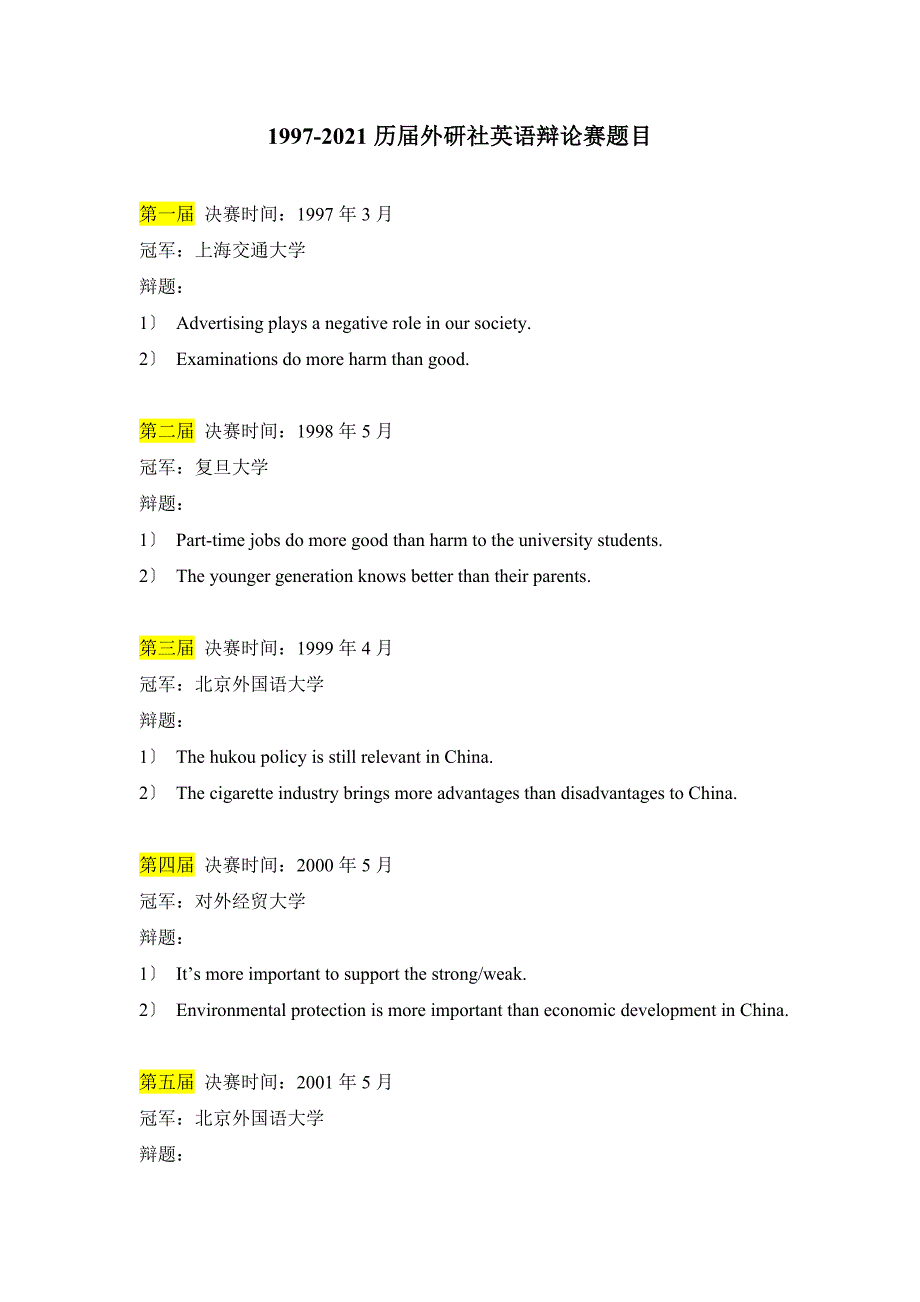 1997-历届外研社英语辩论赛题目汇总_第1页