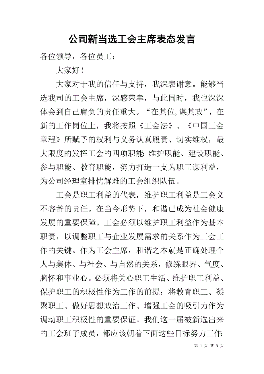 公司新当选工会主席表态发言.docx_第1页