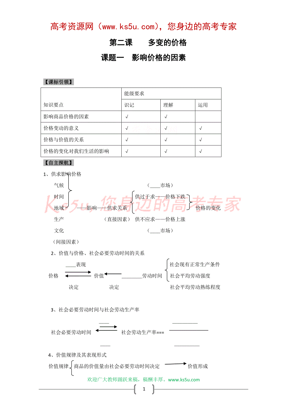 政治：1.2.1《影响价格的因素》学案（新人教版必修1）[共4页](1)_第1页