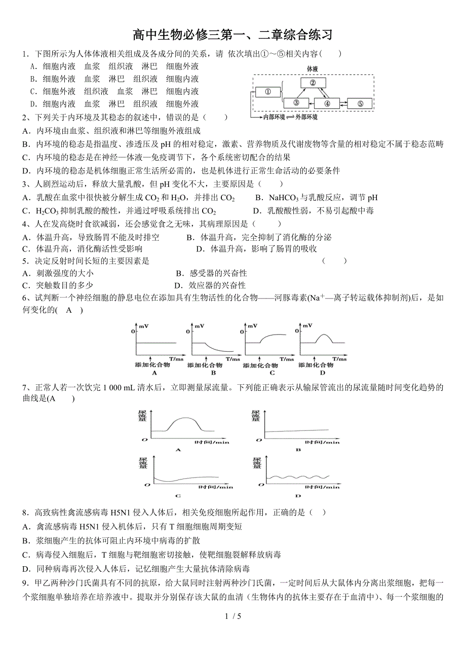 高中生物必修三第一、二章练习综合_第1页