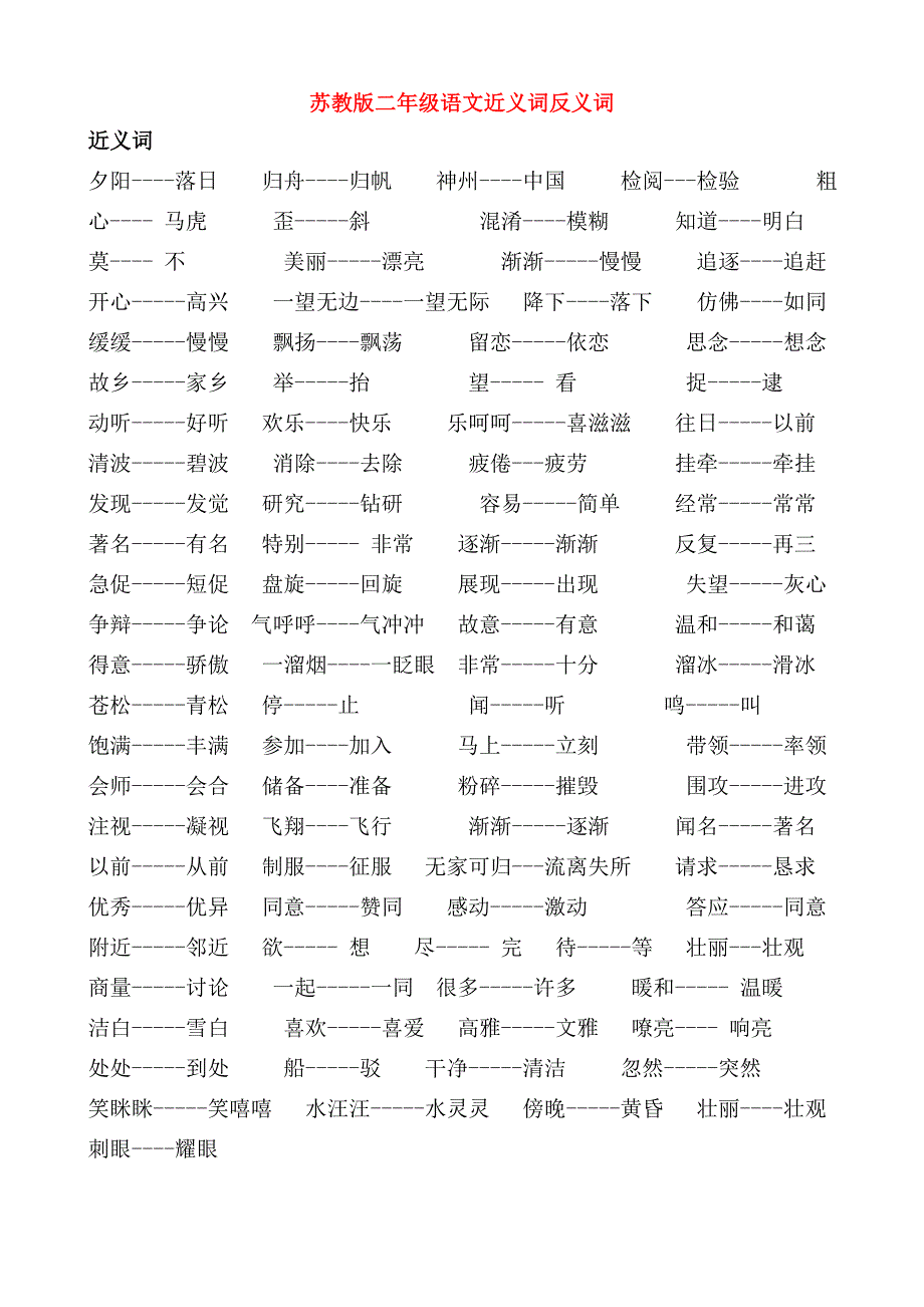 苏教版二年级语文近义词反义词_第1页