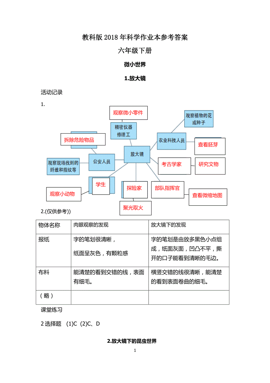 版六年级科学下册作业本参考答案(教科版)_第1页