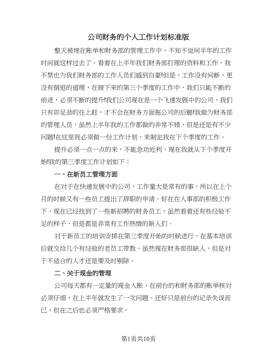 公司财务的个人工作计划标准版（五篇）.doc_第1页