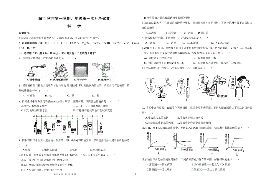 2011学年九年级科学第一次月测试.doc_第1页