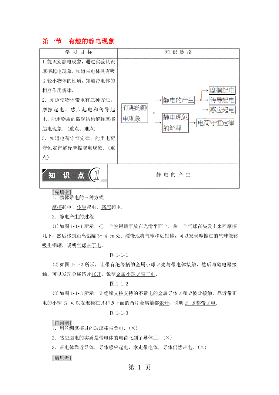 粤教版高中物理选修11第1章电与磁第1节有趣的静电现象学案_第1页