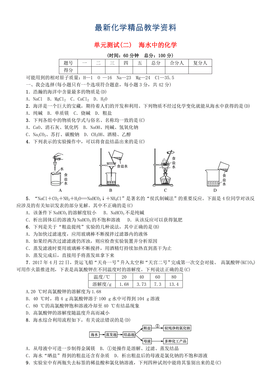 最新九年级化学下册单元测试二海水中的化学同步测试鲁教版_第1页