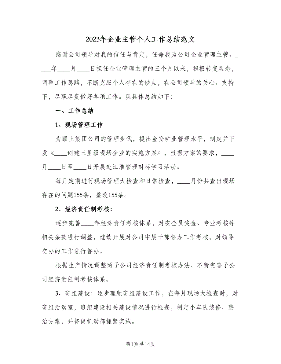 2023年企业主管个人工作总结范文（四篇）.doc_第1页