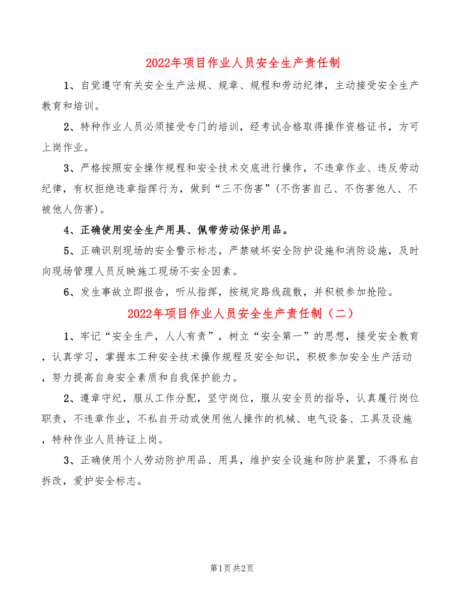 2022年项目作业人员安全生产责任制_第1页