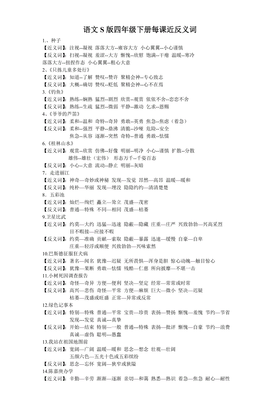 语文S版四年级下册每课近反义词_第1页