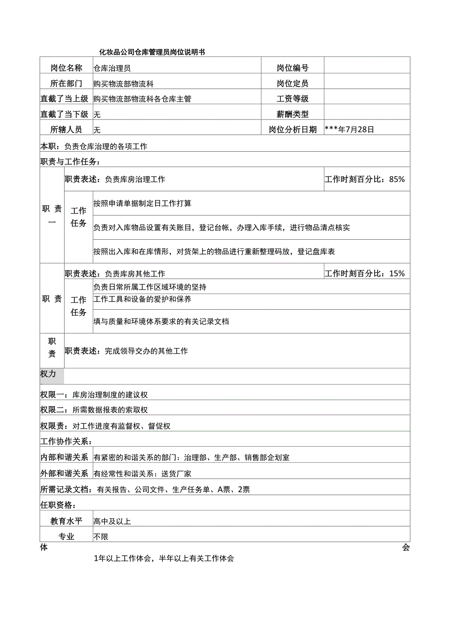 化妆品公司仓库管理员岗位说明书_第1页