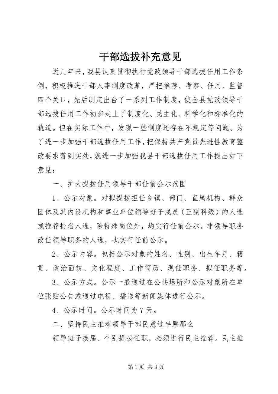 2023年干部选拔补充意见.docx_第1页
