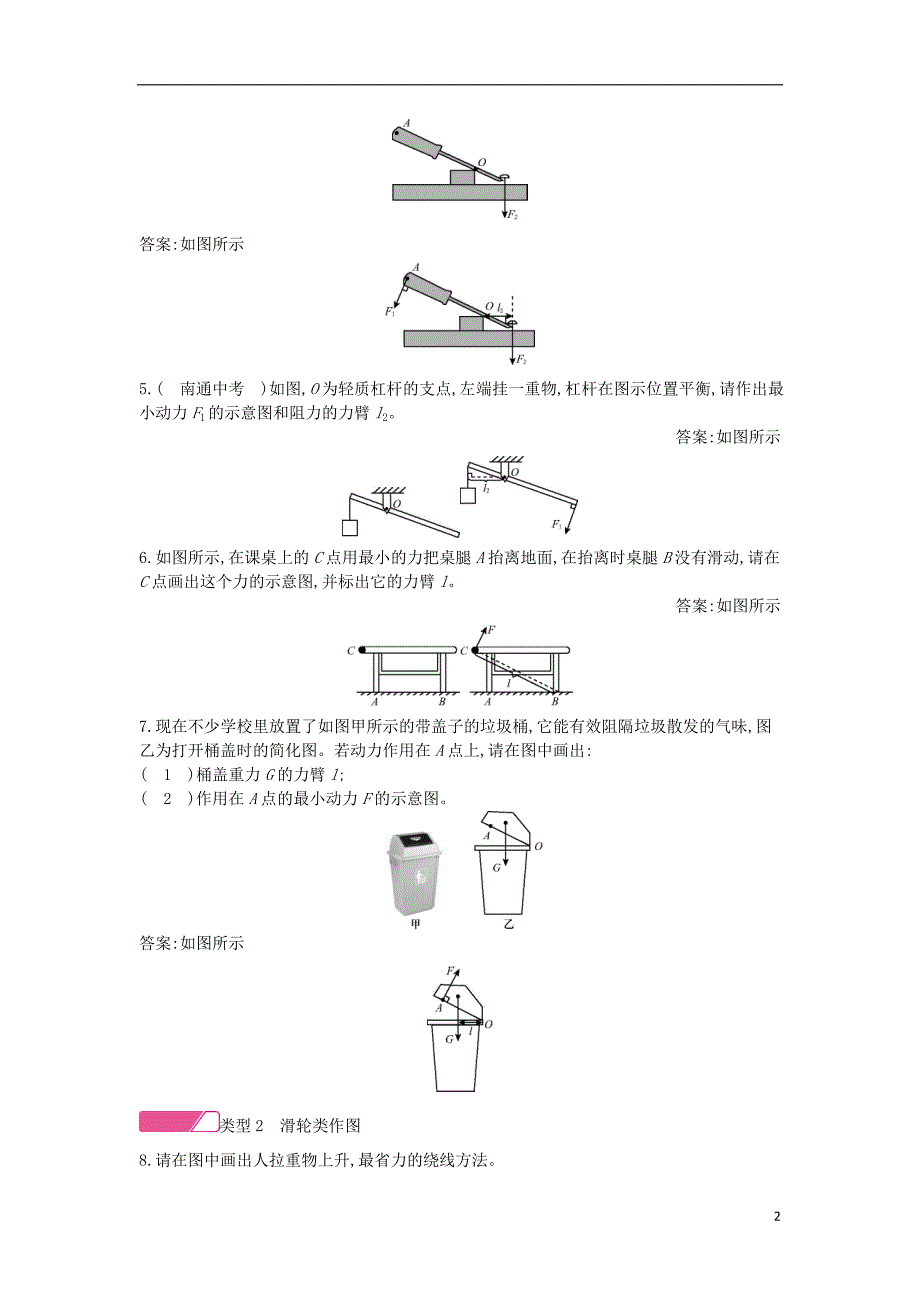 2020年春八年级物理全册 第十章 机械与人专题训练（三）杠杆与滑轮作图分层精炼 （新版）沪科版_第2页