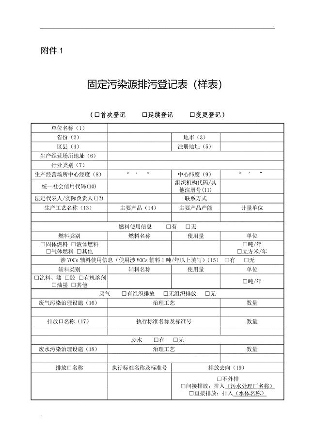 固定污染源排污登记表(样表)