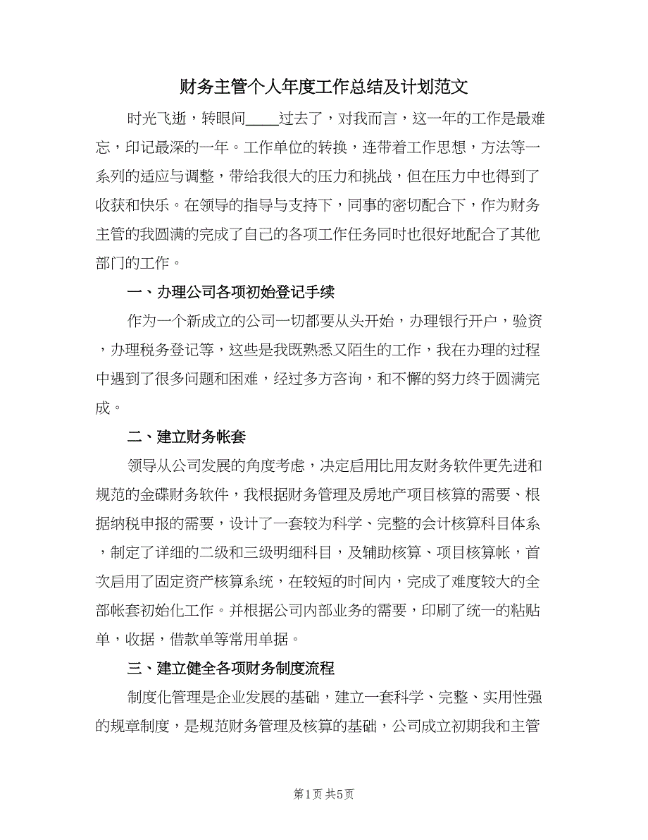 财务主管个人年度工作总结及计划范文（二篇）.doc_第1页