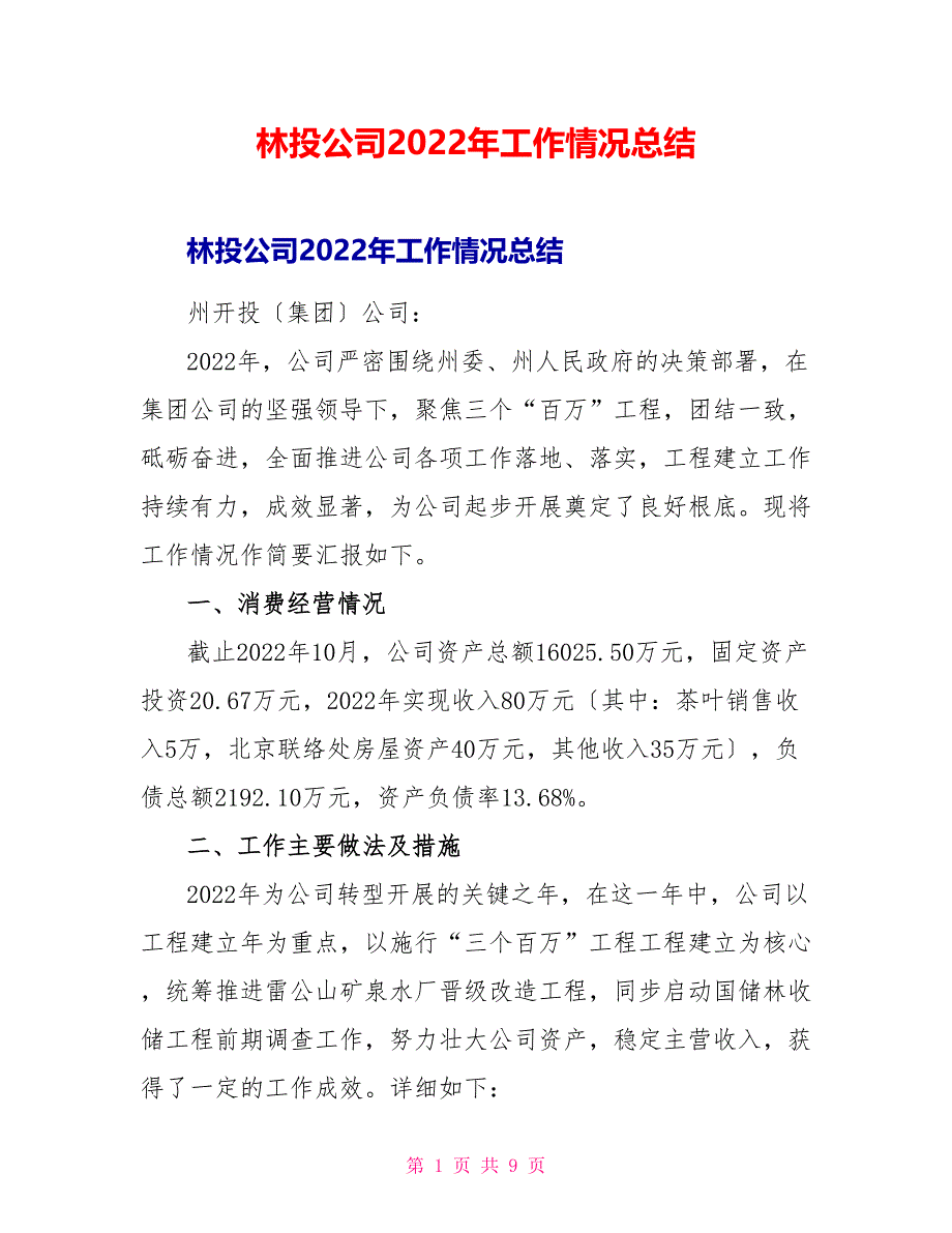 林投公司2022年工作情况总结_第1页