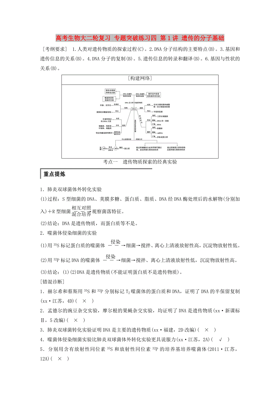 高考生物大二轮复习 专题突破练习四 第1讲 遗传的分子基础_第1页