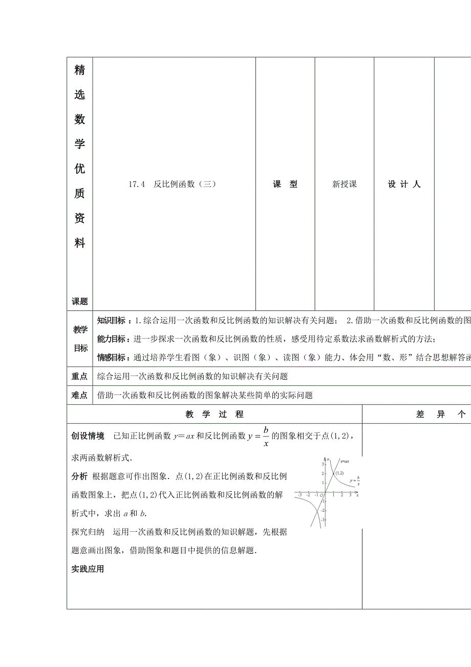 [最新]吉林省长市第104中学华师大版八年级数学下册17.4 反比例函数三教案_第1页