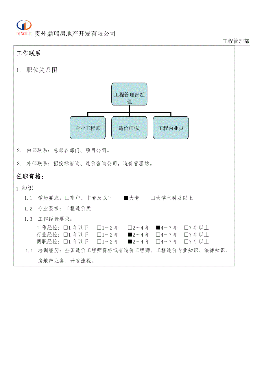 工程管理部造价师员岗位说明书.doc_第3页