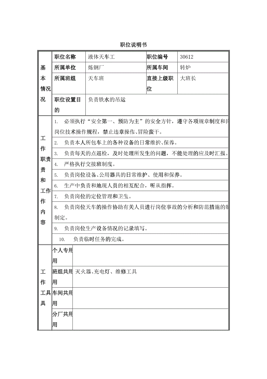 德龙钢铁-液体天车工职位说明书_第1页