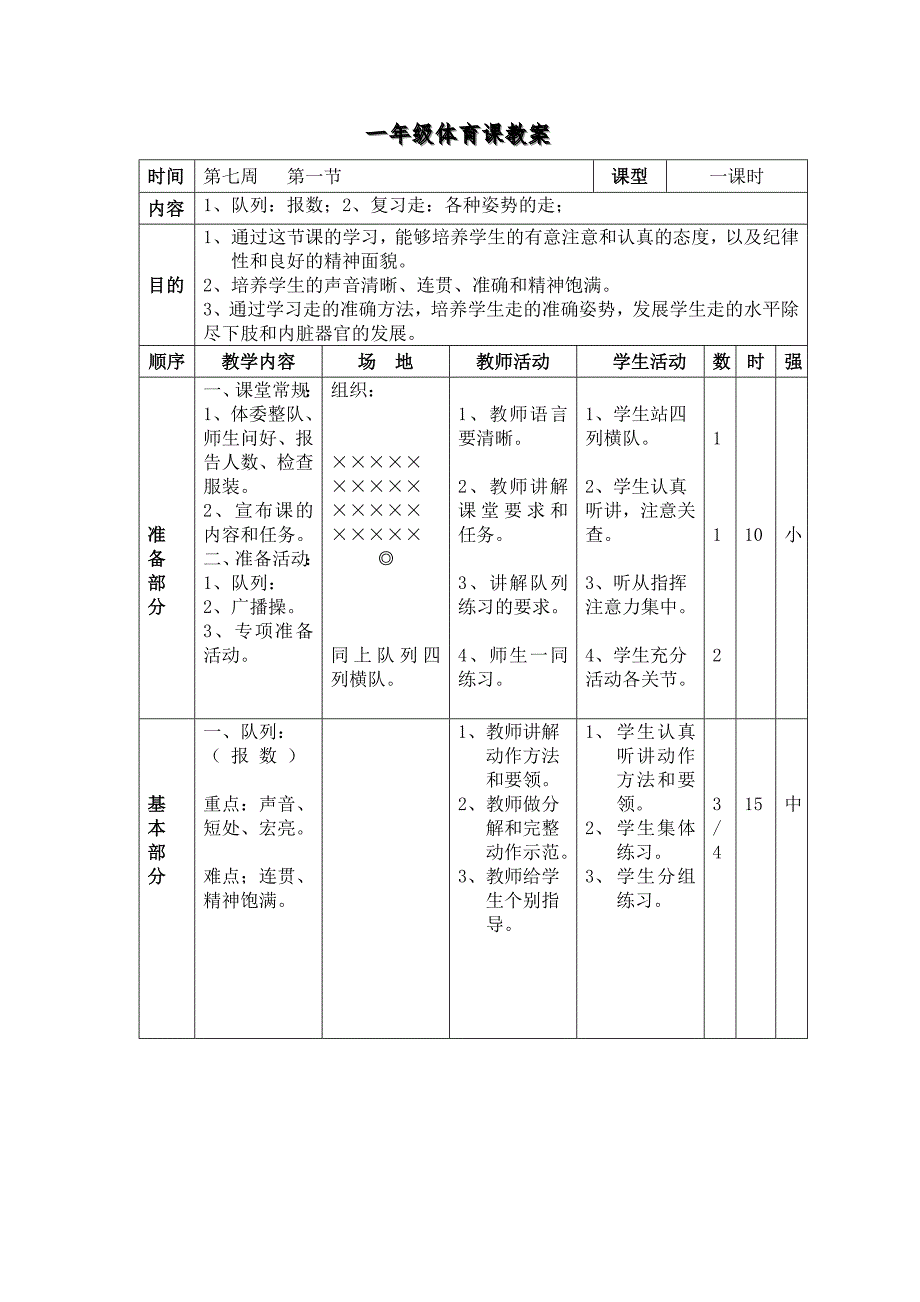 1、队列：报数；2、复习走：各种姿势的走；_第1页