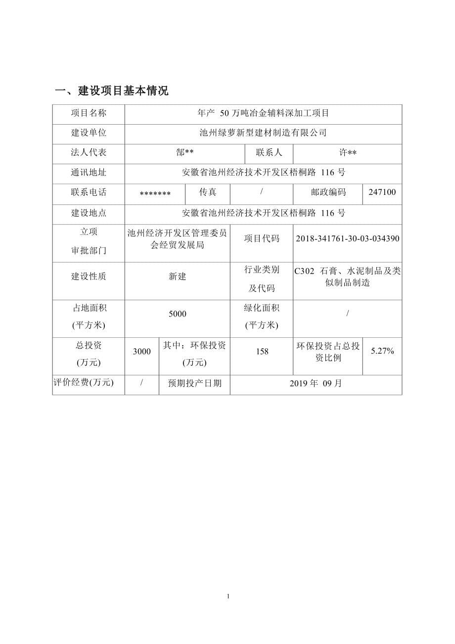 池州绿萝新型建材制造有限公司年产50万吨冶金辅料深加工项目环境影响报告表.docx_第5页