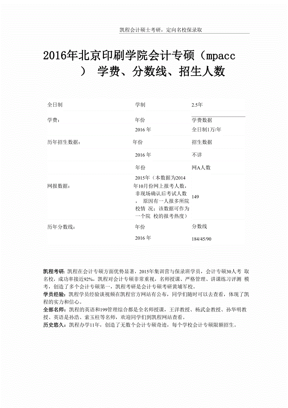 2016年北京印刷学院会计专硕学费、分数线、招生人数_第1页