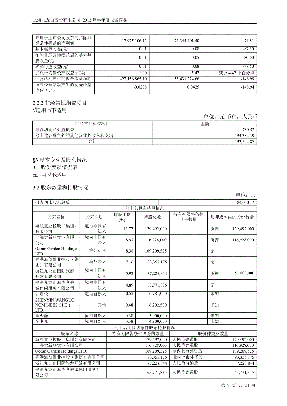 600555九龙山半年报摘要_第2页