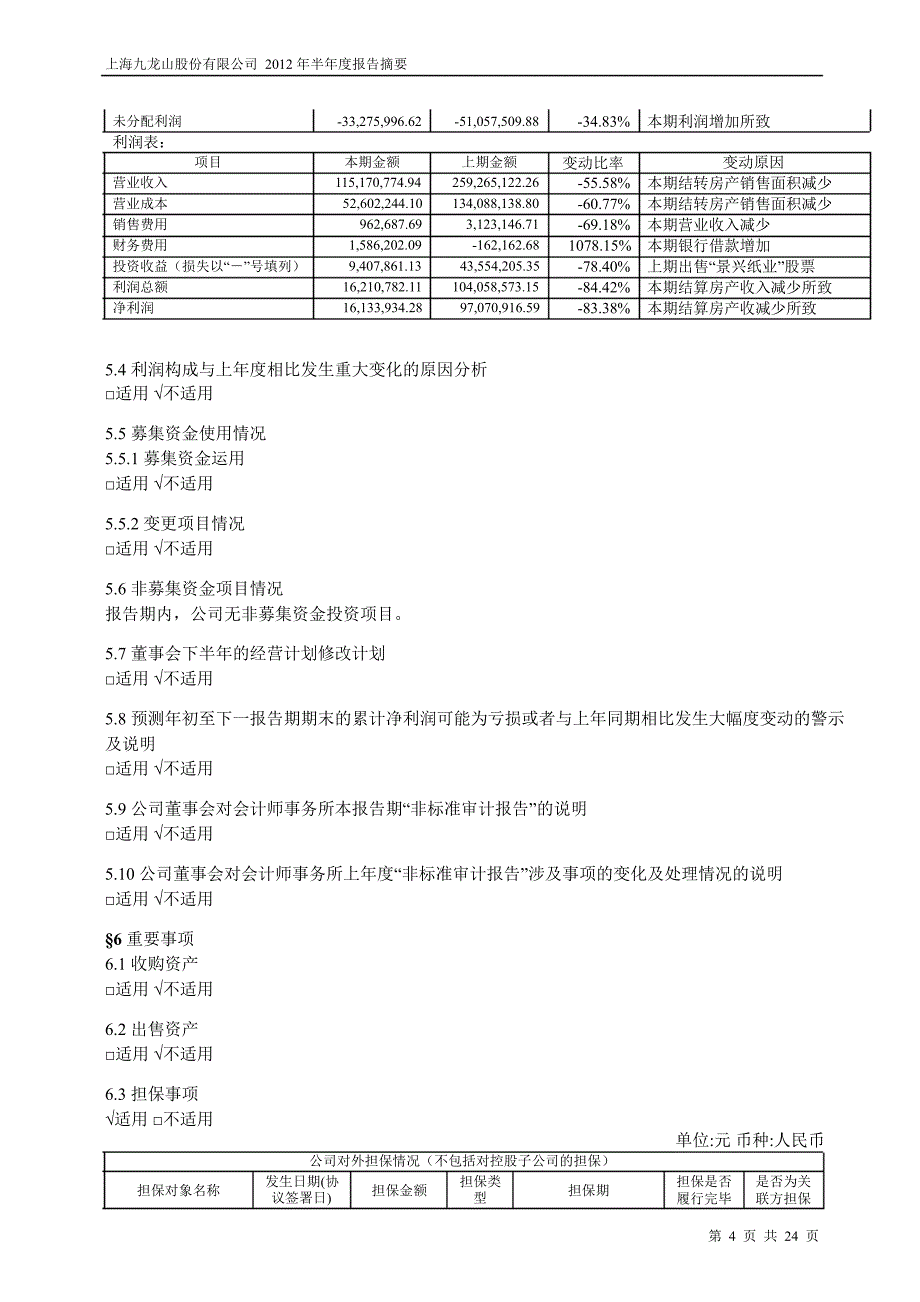 600555九龙山半年报摘要_第4页