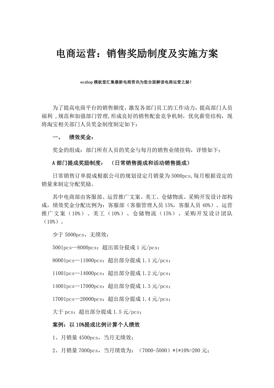 电商运营：销售奖励制度及实施方案_第1页