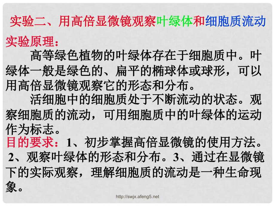 高三生物观察细胞的叶绿体和细胞质的流动++课件_第1页